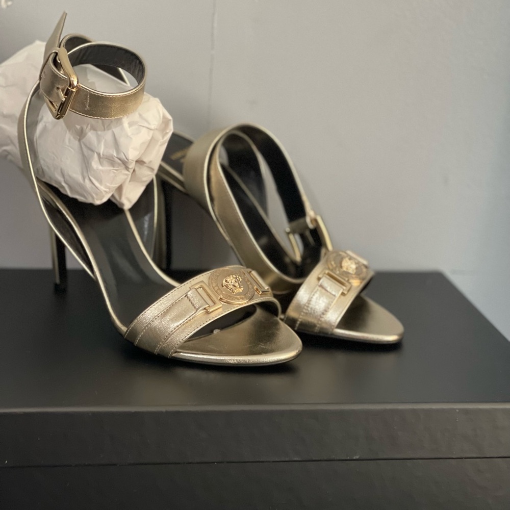 Versace Gold Ankle Studded Heel Pumps